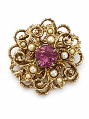 Coro Gold-Tone Filigree Brooch with Pink Stone and Pearls